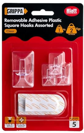 GRIPPA Self Adhesive Square Hooks, Removable Sticky Hooks, Holds Up to 2kg - Clear Pack of 4