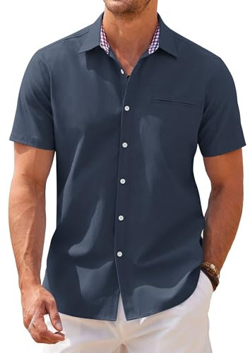 COOFANDY Hemd Kurzarm Herren Kurzarmhemd Fuer Männer Sommerhemden Oxford Hemd Freizeithemd Basic Kleiderhemd Regular Fit Kurzärmliges Hemd Einfarbig Navy blau XXL
