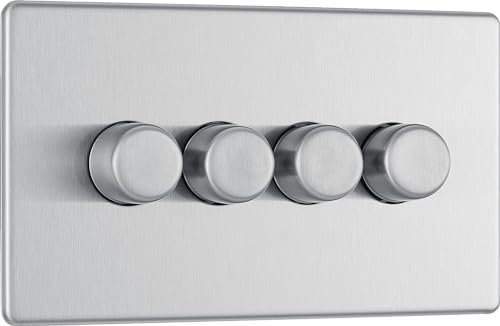 British General Electrical FBS84 Nexus Flatplate Screwless Brushed Steel 4 Gang 200W 2 Way Trailing-Edge Push Dimmer Switch