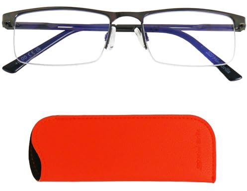 Metall Halbrand unten Anti Blaulicht Brille Lesebrille mit rechteckigen Gläsern, Gratis Etui, Edelstahl Brillengestell (Graphit), Blaulichtfilter Brille Herren und Damen 1.0 Dioptrien