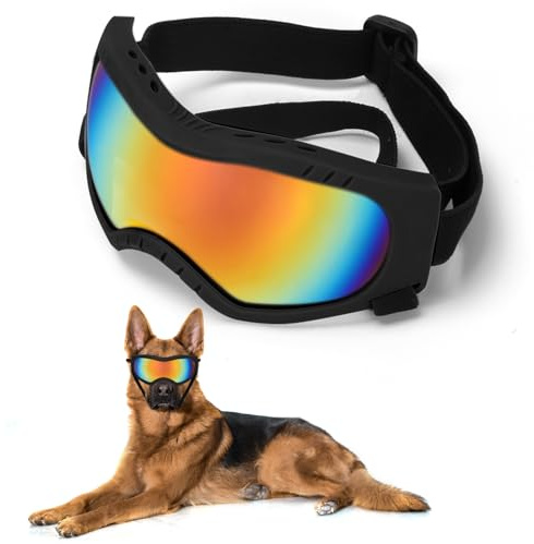 Dog Sunglasses Dog Goggles Pet Glasses Pet Eyewear with Adjustable Strap, Glasses for Medium Large Dog Swimming Skating Glasses UV Proof Windproof Dustproof (Black Frame + Colorful Lens)