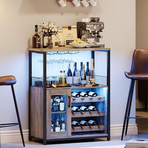 IDEALHOUSE Wine Bar Rack Cabinet with LED Lights, Small Coffee Bar Cabinet | 36 Tall Liquor Bar Cabinet for Home Kitchen Dinning Room Living Room, Adjustable Shelves Design, Grey