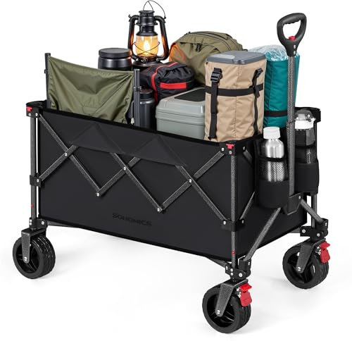 SONGMICS Carro de Mano Plegable, Carro de Mano, 150 L, Carga hasta 150 kg, Carro de Jardín, para Camping con Asa, 4 Ruedas Extraíbles, Ahorra Espacio, Exterior, Jardín, Negro Tinta GFW115B01