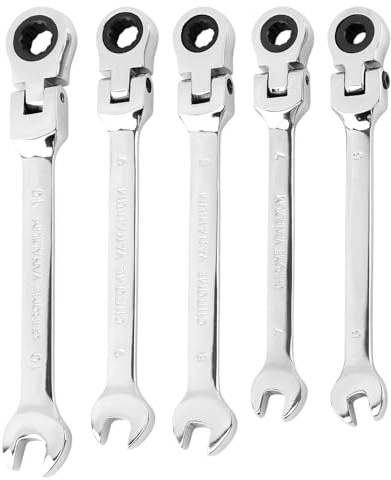 homfanseec 5pcs Flex Head Ratcheting Wrench Set, Metric 6-10mm Spanner Gear Ring Ratcheting Combination Wrenches Kit, 180° Head, 72 Tooth, Box End and Open End Wrench for Tight Spaces(Silver)