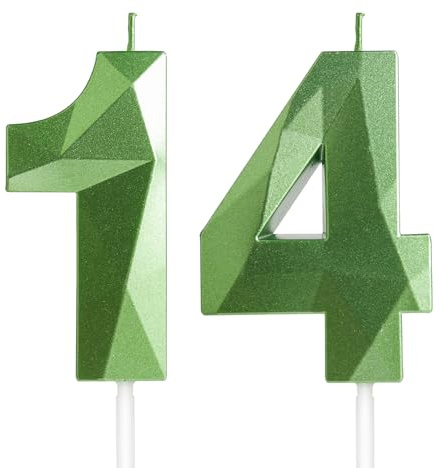 Yiran 14th Birthday Candles, Green Number 14 Candle for Cake, Happy Birthday Candles, Green Cake Topper Decorations for Birthday Party Baby Shower Wedding Anniversary