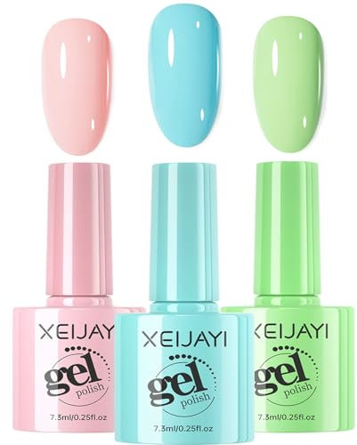 Pastel Gel Nail Polish Set, 3PCS Pink Blue Green Gel Nail Varnish, Long Lasting, Spring Summer Non Toxic UV/LED Soak off Gel Nail Polish for Women DIY Nail Art Manicure