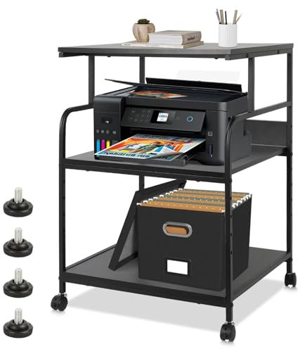 Großer Druckerständer mit verstellbarem Aufbewahrungsregal, 3-stöckiger Druckerwagen mit Rädern, 59,9 x 48 x 74,9 cm, Prin TER Ständer für Heimbüro, Ständer für Hitzepresse, Scanner, Fax