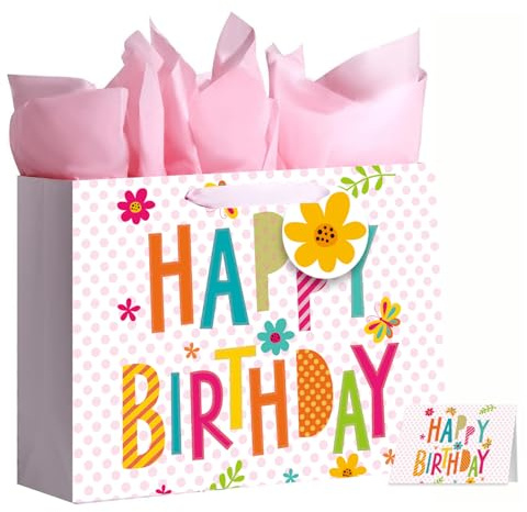 2 Piezas Bolsas de Regalo con Asa, Bolsa Regalo Cumpleaños con 2 Tarjetas de Felicitación y 6 Hojas de Papel de Seda para Bodas, Navidad, San Valentín