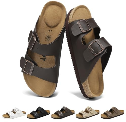 Wizshoe Sandalias Mules Hombre Zapatillas Planas Verano Zuecos Sandals de Corcho Zapatos Planos con Hebilla Ajustable Cómodos con Plantilla Ergonómica Interior Exterior Marrón Oscuro 44 EU