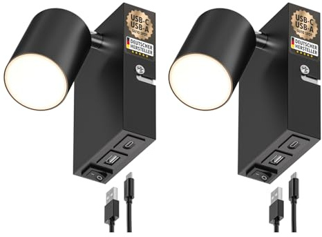 ledscom.de 2 st vägglampor WAIKA, 1-lampa, svart, USB-C, USB-A, inkl. LED-lampa GU10, 3-stegs dimmer, 500 lm, varmvitt