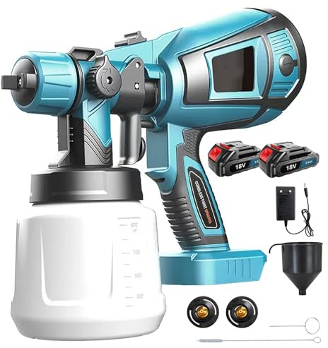 Pistola a spruzzo a batteria con 2 batterie e caricabatterie da 3000 mAh, contenitore da 1000 ml, 3 ugelli (1,0/1,8/2,5 mm), ugello in rame e ago, contenitore in PVC durevole – per pareti, porte