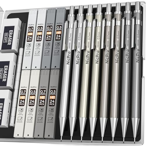 Nicpro 8 Pack 0.5mm & 0.7mm Metal Mechanical Pencil Set, MB1000 Lead Drafting Pencil for Artist Writing, Sketching, Drawing with 6 Tubes HB Lead Refills, 3PCS 4B Eraser, 9PCS Cap Eraser - With Case