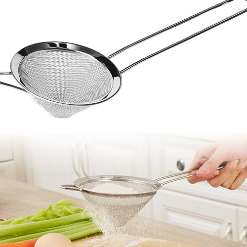 MINGZE Food Strainer Stainless Steel Cocktail Fine Mesh Conical 9 CM Colander Sieve Sifter with Handle Silver - Fine Wire Mesh Kitchen Sieve Set with Rim for Straining Teas and Cocktails