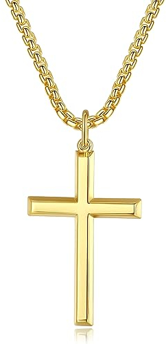 FANCIME 925 Sterling Silber Gold Vergoldet Kreuz Anhänger Poliert mit Edelstahl Kette für Herren Jungs Kinder - Kettenlänge: 60 cm