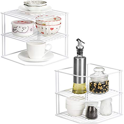 QIWODE Organizzatore d'angolo per cucina, Scaffale a 3 livelli per armadio, Portapiatti angolare per armadio da cucina, Bianco (confezione da 2)