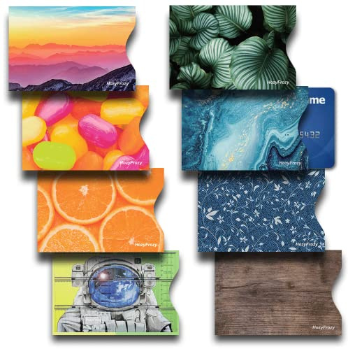 8 fundas de bloqueo RFID, protector de tarjetas de crédito, soporte antirrobo, fácil de reconocer, 8 temas diferentes, madera, mezclilla, hojas, dulces, naranjas, cielo vivo, astronauta, remolino de