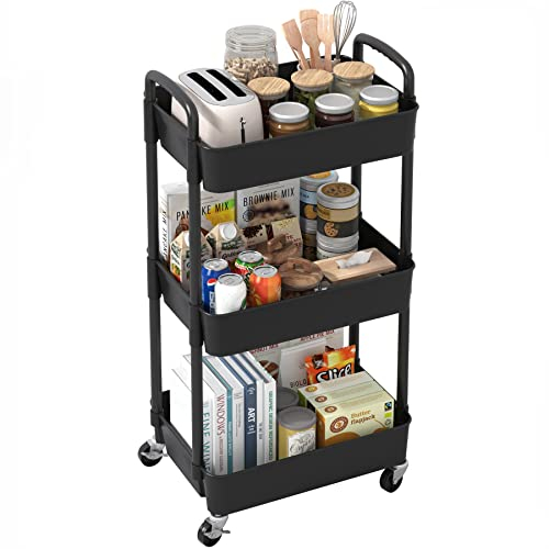 Sywhitta 3-tier Storage Rack on Wheels, Kitchen & Office Utility Cart, Rolling Rack for Bedroom & Bathroom, Black