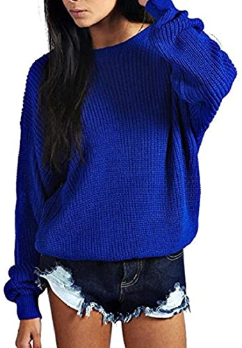 Crazy Girls Womens Ladies Baggy Long Sleeve Knitted Plain Chunky Top Sweater Jumper S-XL (16-18, Royal Blue)