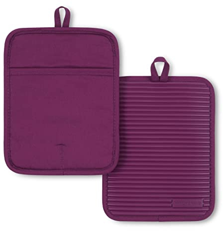 KitchenAid Ribbed Soft Silicone Pot Holder 2-Pack Set, Beet, 7x9