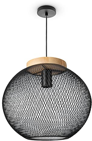 Paco Home Pendelleuchte Esszimmerlampe Korblampen Metall Hängelampe Wohnzimmer Küche Holz Industrie Vintage E27 Flur, Lampenart:Pendelleuchte - Typ 1, Farbe:Schwarz-Holz_(Ø35_cm)