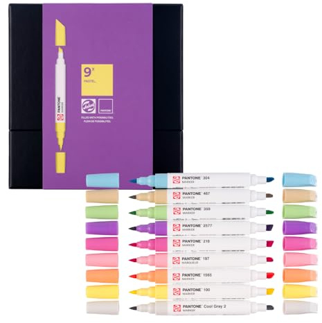Talens | Pantone Marker 9er Set Pastel | Dual-Tip-Stift mit Pinselspitze und Keilspitze | Wasserbasierte, pigmentierte Tinte in Pantone-Farben