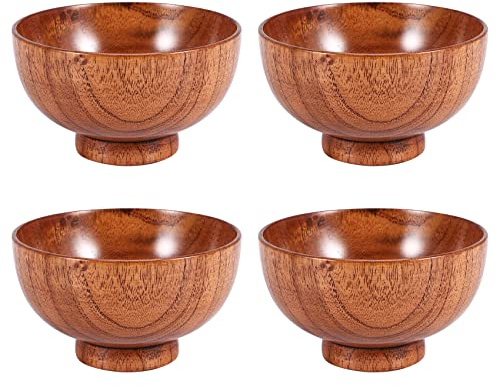 Nvanvmm Jujube Japanese-Style Wooden Bowl Wooden Rice Bowl Noodle Bowl Solid Wood Bowl, Diameter 4.5 Inches By 2-5/8 Inches, for Rice, Soup, Dipping, Decoration (Medium) 4 Packs