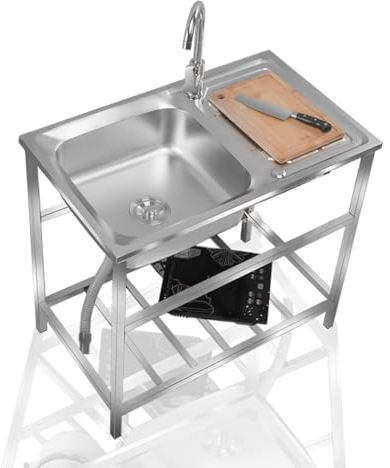 304 Edelstahl Einzelne Schale Becken Waschbecken Küche,Freistehende Spüle für den Außenbereich Gewerbliche Küchenspüle 304 Edelstahl Handwaschbecken Einzelbecken für Wäscherei Hinterhof Garage (Size