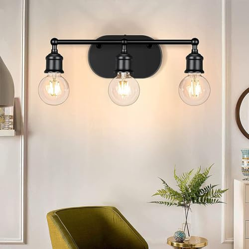 Mengjay Vintage Black/Gold Mirror lamp for Bathroom, Industrial Style E27 Bathroom Mirror Light 3 Flaming, Retro Metal Iron Bathroom wall lamp, 42CM Bathroom lamp wall (Black)