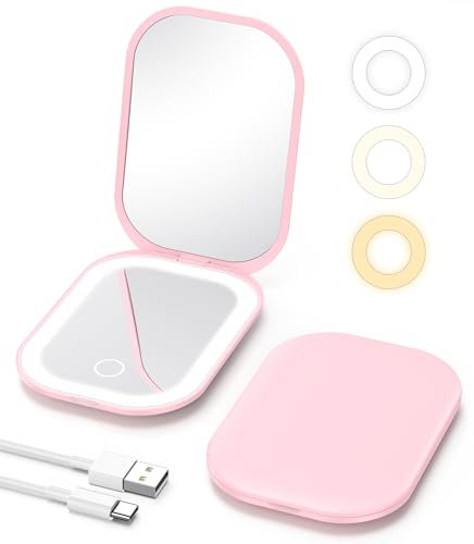 Gospire Lighted Travel Makeup Mirror with Light and Magnification 1X/3X, Stepless Dimming and Three-Color Adjustable Lights, Rechargeable Battery and Compact Size for Purse and Portable Use - Pink