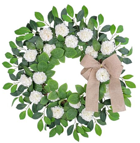 BHFFTHK 22.65inch Snowball Hydrangea Wreath for Front Door,Artificial Greenery Summer Door Wreaths,Elegant White Farmhouse Wreath Floral Wreath Summer for Home Porch Wall Window Wedding Decoration