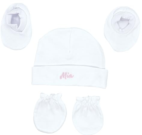 Gorro de Hospital de algodón para recién Nacido, Gorro, Manoplas antiarañazos y Patucos perdonalizado, para bebés recién Nacidos de 0 a 3 Meses (FR/ES, Edad, 0 Meses, 3 Meses, Blanco)