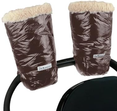 7AM Enfant Stroller Warmmuffs Gloves - Anti-Freeze Stroller Mittens for Handlebars, Water Repellent Hand Warmer Muff for Cold Weather, Plush Lined (Brown Polar)