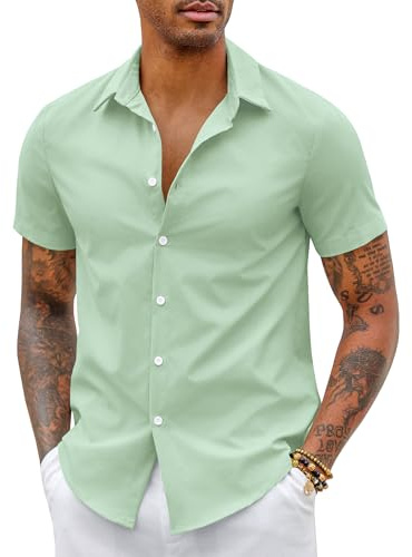 COOFANDY Camisa Hombre Manga Corta Ligero Formal Verano Camisas Vestir Trabajo Adultos Básica con Botones Boda Playa Sólido Camisas Shirts Verde Claro L
