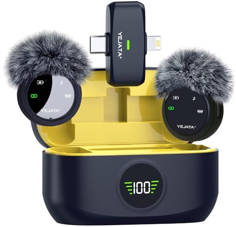 YEJATA Micrófono inalámbrico 2 en 1 para iPhone y Android, Mini micrófono con reducción de Ruido, Estuche de Carga de 40 Horas, Solapa magnética y Abrazadera para entrevistas, Alcance de 25 Metros.