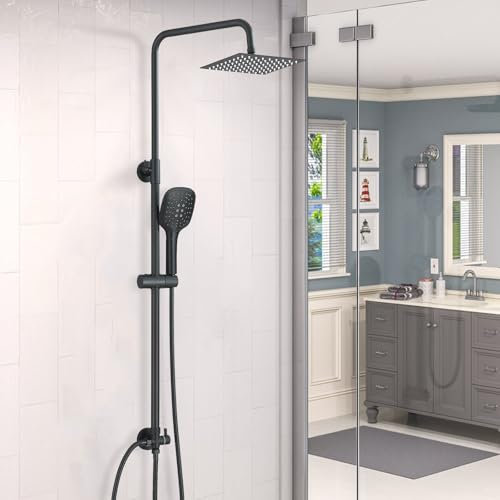 Colonna Doccia Non Termostatica JUNSHENG, Set Doccia in Acciaio Inox 304, Set Doccia con Soffione Quadrato e Doccetta, Nero (20x20cm)