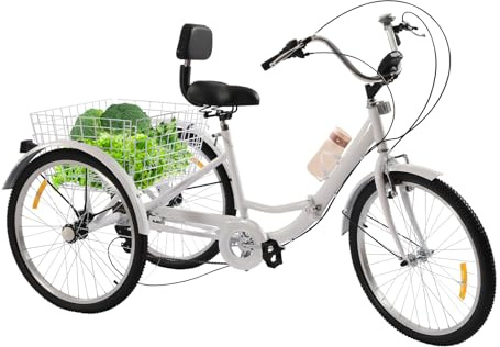 Trehjuling för vuxna 24 tum 7 växlar, 3-hjuls cykel med LED-strålkastare, reflektorer, mugghållare, shoppingkorg utomhus lastcykel upp till 140 kg lastkapacitet (vit)