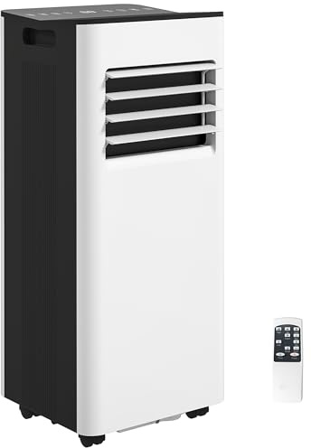 HOMCOM Aire Acondicionado Portátil 3 en 1 9000 BTU Enfriador Ventilador Deshumidificador 24,1 L/Día con Control Remoto Pantalla LED Temporizador 24h 2 Velocidades para Habitación 28m² Blanco y Negro