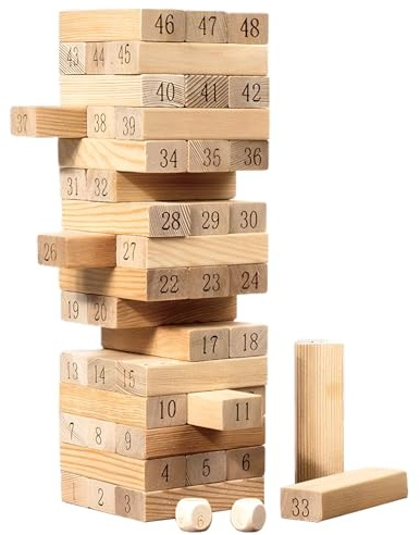 PIWOSGOL Wackelturm Holz 48 Bausteine zum Stapeln, Große Stapelspiel für Kinder ab 3 Jahren, Geschicklichkeit, Fördert Entwicklung und Motorik von Kleinkindern, 23.5 x 7.5 x 7.5cm