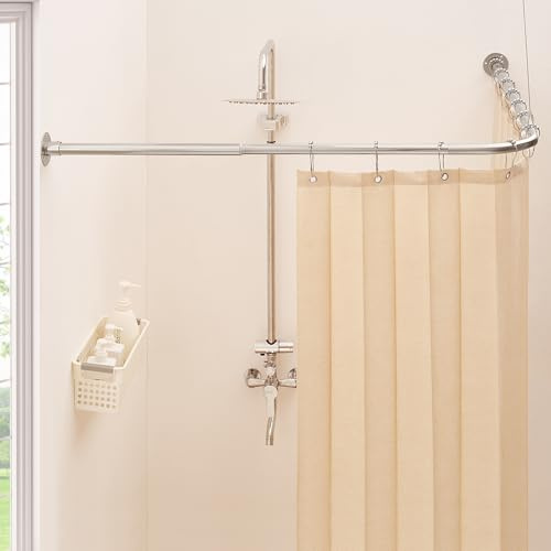 Mirooyu L Shaped Corner Shower Curtain Rail, [60-132 cm] x [60-132 cm] Heavy Duty 90 Degree Adjustable Shower Pole Rod for Bathroom, Bathtub & Outdoor with 12 Hooks & Ceiling Support