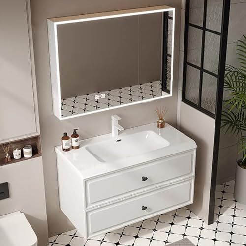 Elegante tocador de baño flotante con lavabo, espejo LED y cajones de almacenamiento blancos OneTouch de 24 pulgadas, diseño moderno que ahorra espacio para baños elegantes