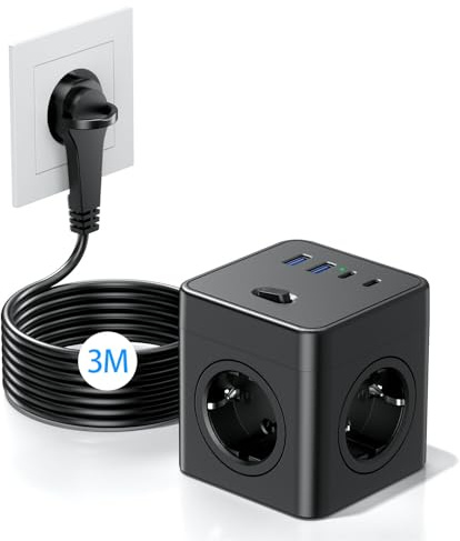 Steckdosenwürfel mit USB, 8 in 1 Steckdosenleiste Flachstecker mit Schaltbar,4 Fach Steckdosenleiste mit 2 USB-A&2 USB-C,Mehrfachsteckdose Power Cube mit Zugring,3M Kabel für Zuhause/Büro, Schwarz