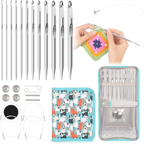 Reessy 12 Sizes Interchangeable Tunisian Crochet Hooks Set with Case | Aluminium Tunisian Crochet Hook with Cable, 3mm-10mm Extra Long Tunisian Crochet Hooks Set for Beginners & Professionals