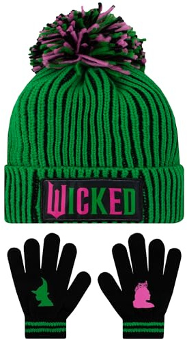 Wicked Set Berretto E Guanti per Bambini, Berretto con Pompon E Guanti Glinda Ed Elphaba per Ragazze, Verde, Taglia Unica