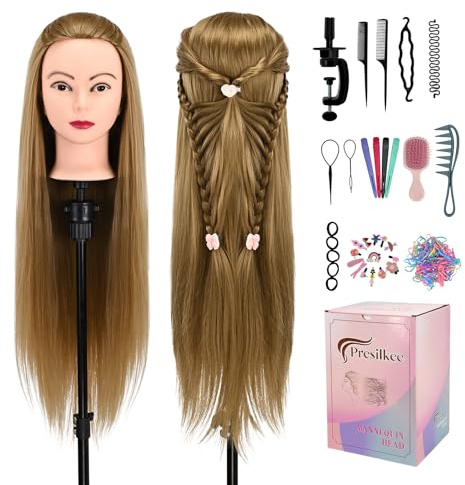 Tête à coiffer de 71 cm avec fibre synthétique pour coiffeur, tressage, coupe, exercices de coiffage, avec support et kit d'outils de coiffure (jaune doré)