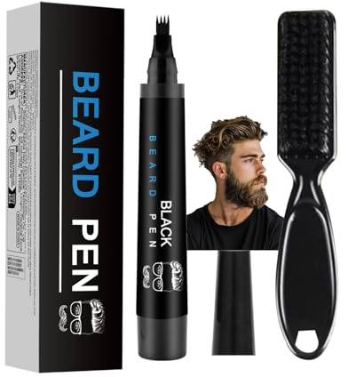 Natural Black Beard Pen for Men with Fork Tip and Brush - Fill Sparse Areas with Hair Stroke Effect, Smudge Proof Beard Thickener for, Eyebrows and Hairline Grooming (Black & Brush)