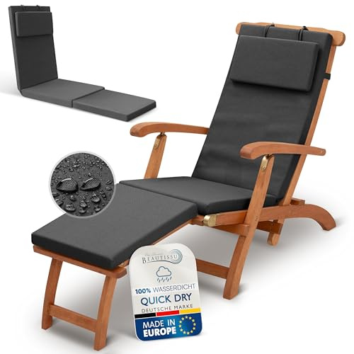 Beautissu Deckchair Coussin Chaise Longue 175x45 cm – 100% Imperméable & Séchage Rapide – Matelas Transat Bain de Soleil Coussin pour Transat Bain de Soleil avec Housse Amovible – Anthracite DC-QD