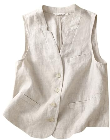 Gilet da donna in cotone lino, gilet casual allentato con scollo a V, senza maniche