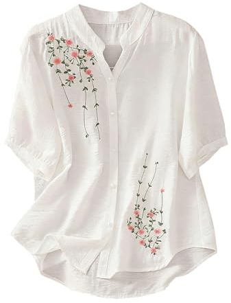 Camicetta Estiva da Donna Curvy Elegante Blusa con Bottoni Manica Corta Basic Tshirt Casual Camicia Vintage Scollo a V Shirt Tops Leggero Fantasia Maglia Boho Camicetta Ricami