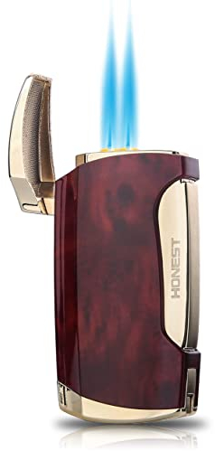 Torch Lighter Double Jet Flame Cigar Lighter with Cigar Punch Cutter (Brown Grain-E)
