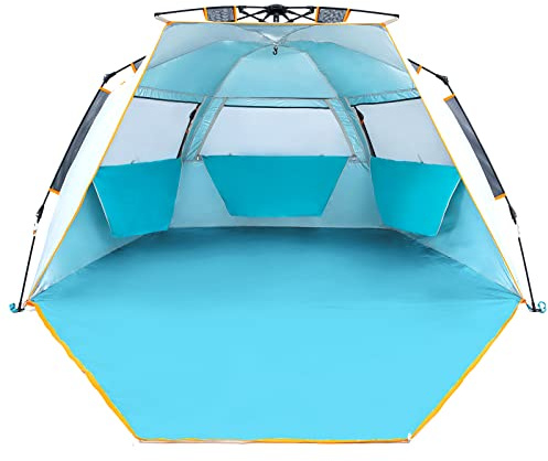 Wolfwise Instant Beach Tent Sun Shelter with Zippered Extendable Porch for Privacy, Portable with Carrying Bag, Easy Setup Pop up Beach Shade for 3-4 Person, 85 x45x49 IN, Blue